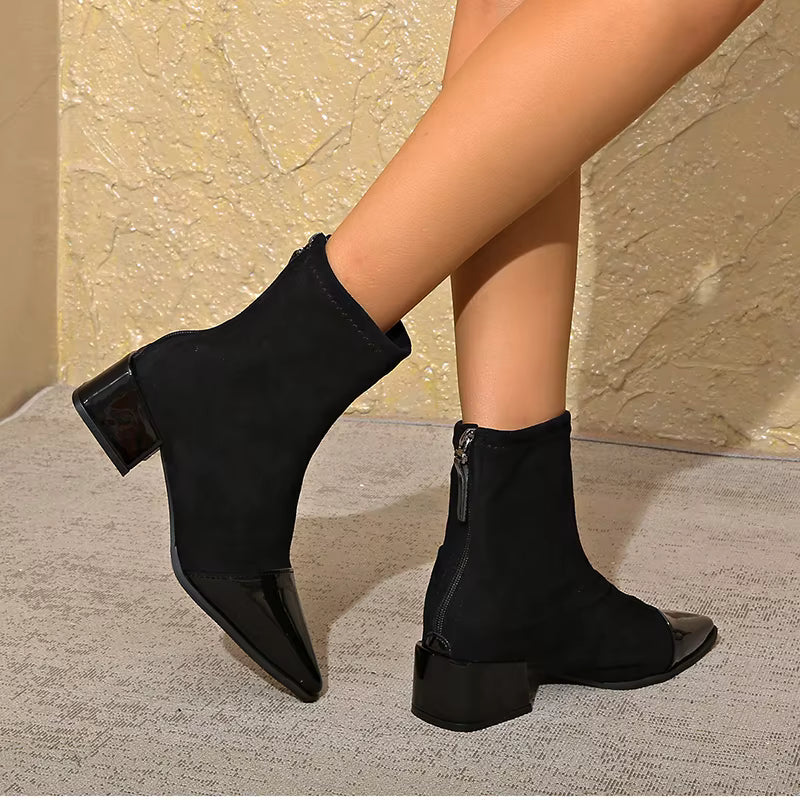 Cizme de gleznă pentru femei, cu vârf ascuțit și toc bloc – Design elegant cu detalii lucioase pentru birou, petreceri, purtare zilnică și stil smart casual