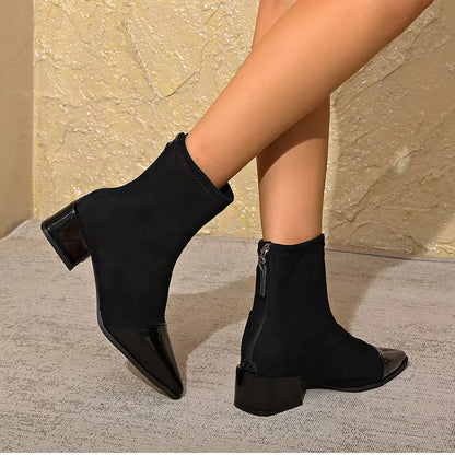 Cizme de gleznă pentru femei, cu vârf ascuțit și toc bloc – Design elegant cu detalii lucioase pentru birou, petreceri, purtare zilnică și stil smart casual