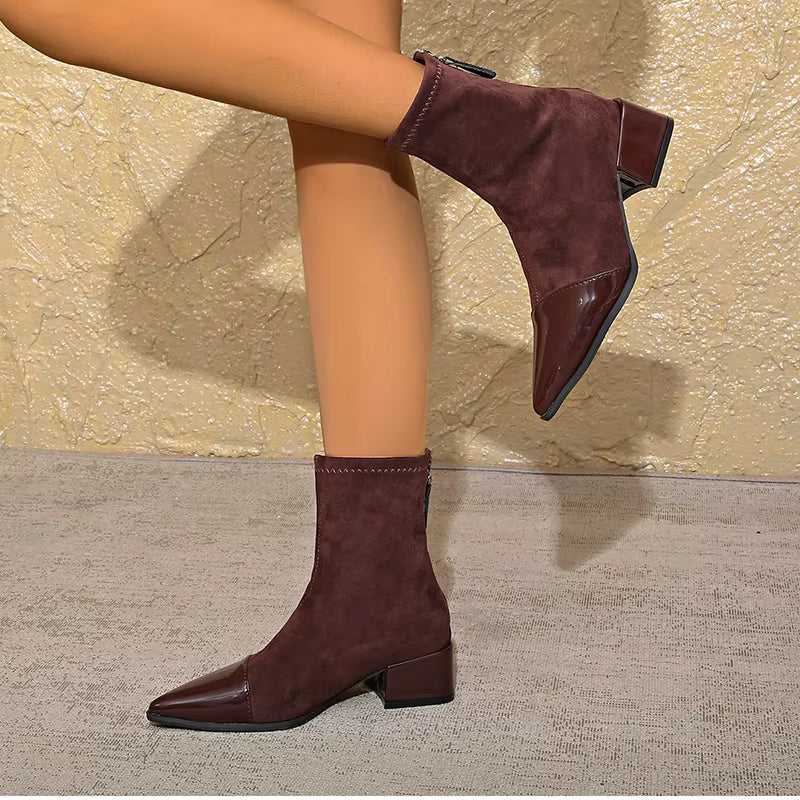 Cizme de gleznă pentru femei, cu vârf ascuțit și toc bloc – Design elegant cu detalii lucioase pentru birou, petreceri, purtare zilnică și stil smart casual