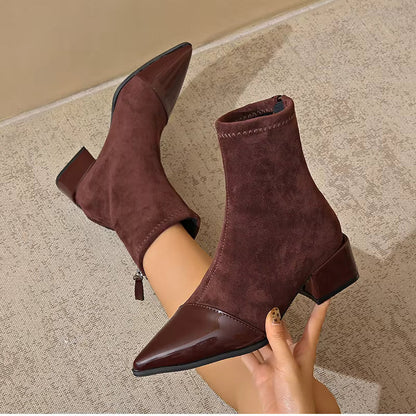 Cizme de gleznă pentru femei, cu vârf ascuțit și toc bloc – Design elegant cu detalii lucioase pentru birou, petreceri, purtare zilnică și stil smart casual