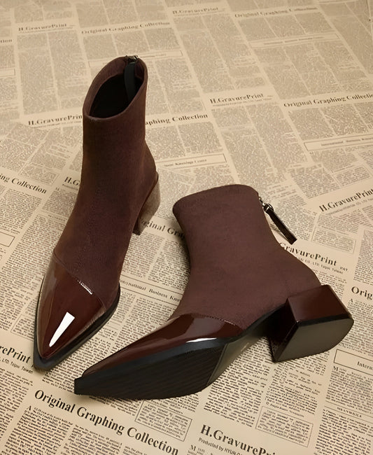 Dame Ankelstøvler Med Spids Tå Og Blokhæl – Elegant Design Med Patentdetaljer Til Kontor, Fest, Hverdagsbrug Og Smart Casual Stil