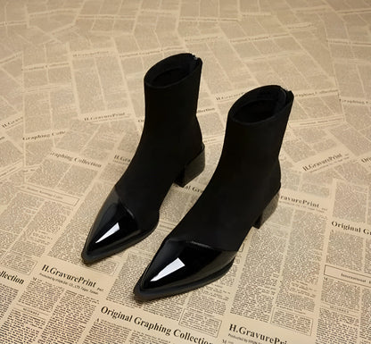 Cizme de gleznă pentru femei, cu vârf ascuțit și toc bloc – Design elegant cu detalii lucioase pentru birou, petreceri, purtare zilnică și stil smart casual