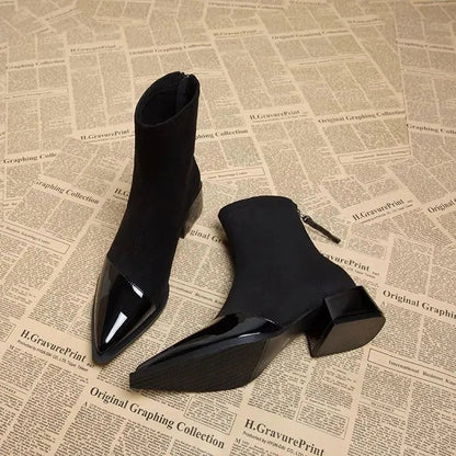 Cizme de gleznă pentru femei, cu vârf ascuțit și toc bloc – Design elegant cu detalii lucioase pentru birou, petreceri, purtare zilnică și stil smart casual