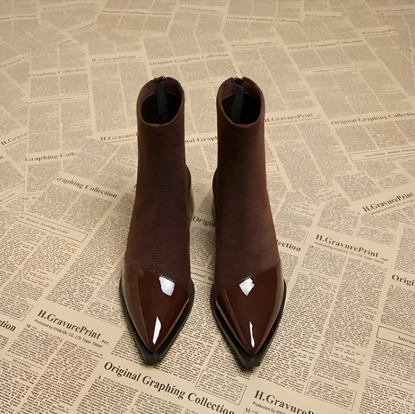 Cizme de gleznă pentru femei, cu vârf ascuțit și toc bloc – Design elegant cu detalii lucioase pentru birou, petreceri, purtare zilnică și stil smart casual