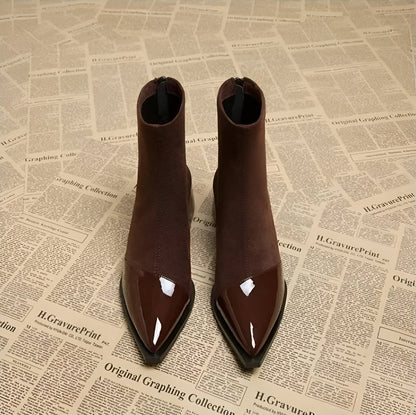 Cizme de gleznă pentru femei, cu vârf ascuțit și toc bloc – Design elegant cu detalii lucioase pentru birou, petreceri, purtare zilnică și stil smart casual