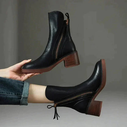 Women's Ankle Boots with Side Zipper, Round Toe and Block Heel – Elegant Boots for Fall, Winter, Everyday Wear and Evening Events