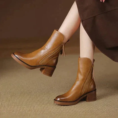 Women's Ankle Boots with Side Zipper, Round Toe and Block Heel – Elegant Boots for Fall, Winter, Everyday Wear and Evening Events