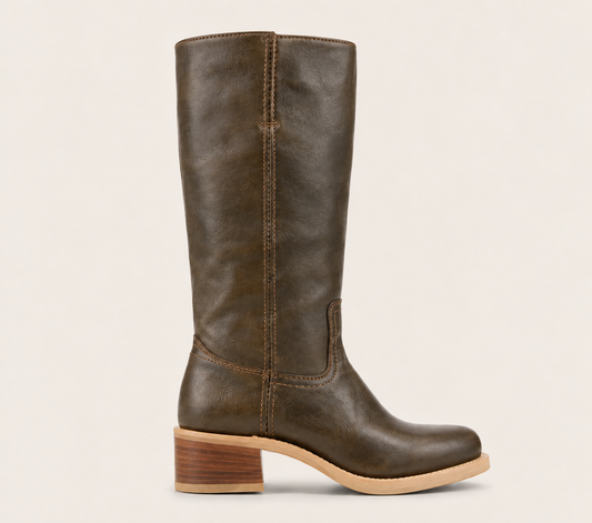 Botas altas de cuero para mujer con tacón ancho – Botas de montar clásicas con diseño texturizado para otoño, invierno y un estilo elegante para el día a día