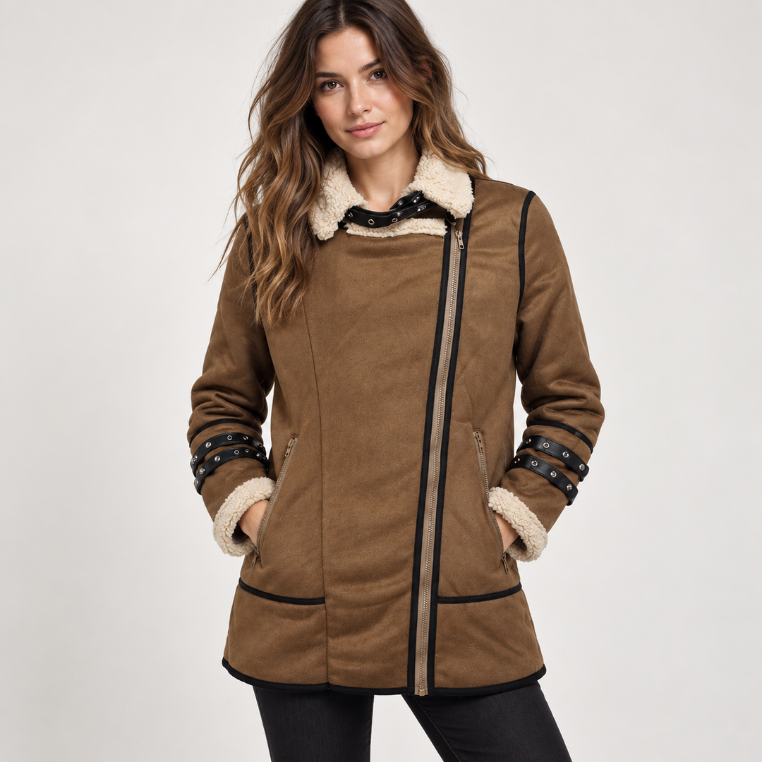 Jachetă pentru femei din piele ecologică, cu căptușeală din fleece și guler inspirat de stilul shearling – jachetă călduroasă și elegantă, pentru toamnă și iarnă