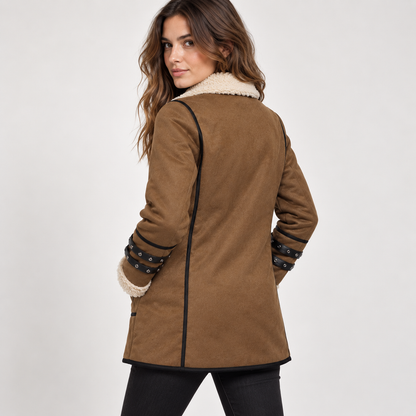 Jachetă pentru femei din piele ecologică, cu căptușeală din fleece și guler inspirat de stilul shearling – jachetă călduroasă și elegantă, pentru toamnă și iarnă