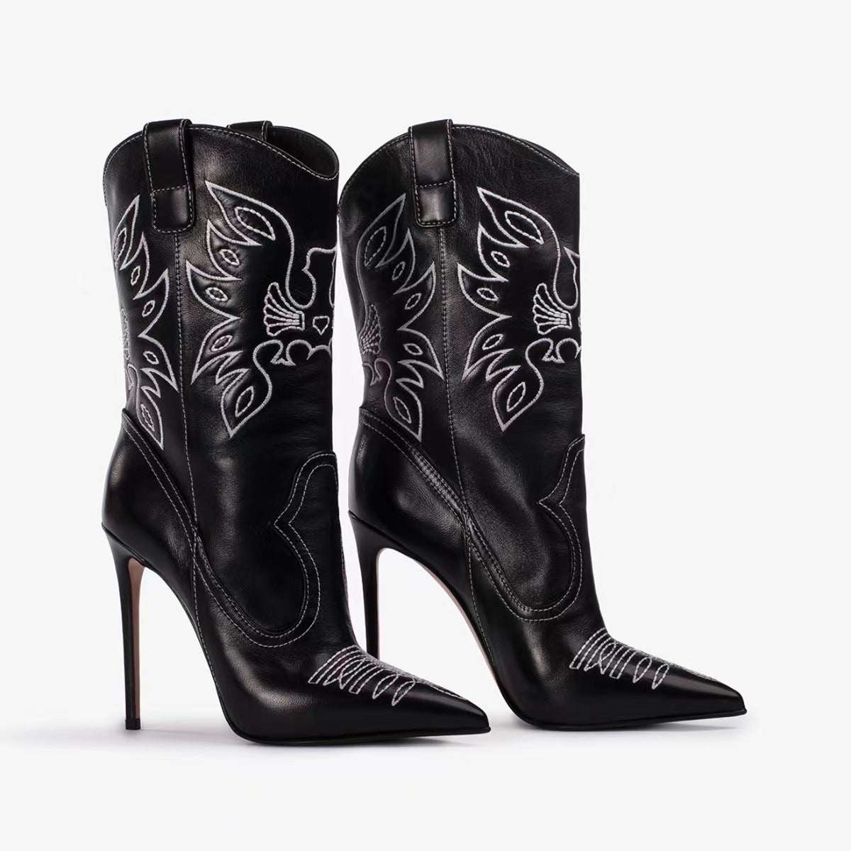 Dame Westernstøvler I Denim Med Broderier Og Spids Tå – Cowboy-støvler Med Høj Stilettohæl Til Fester Og Markante Outfits