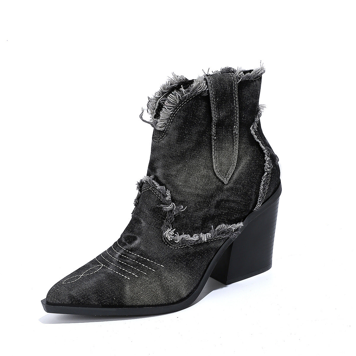 Women's distressed denim Western ankle boots with pointed toes - cowboy-inspired boots with block heels for city life, festivals, and casual everyday wear