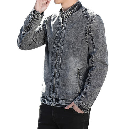 Chaqueta vaquera para hombre con cuello mao, cremallera y efecto desgastado - Chaqueta casual con bolsillos con cremallera para otoño, uso diario y ocio