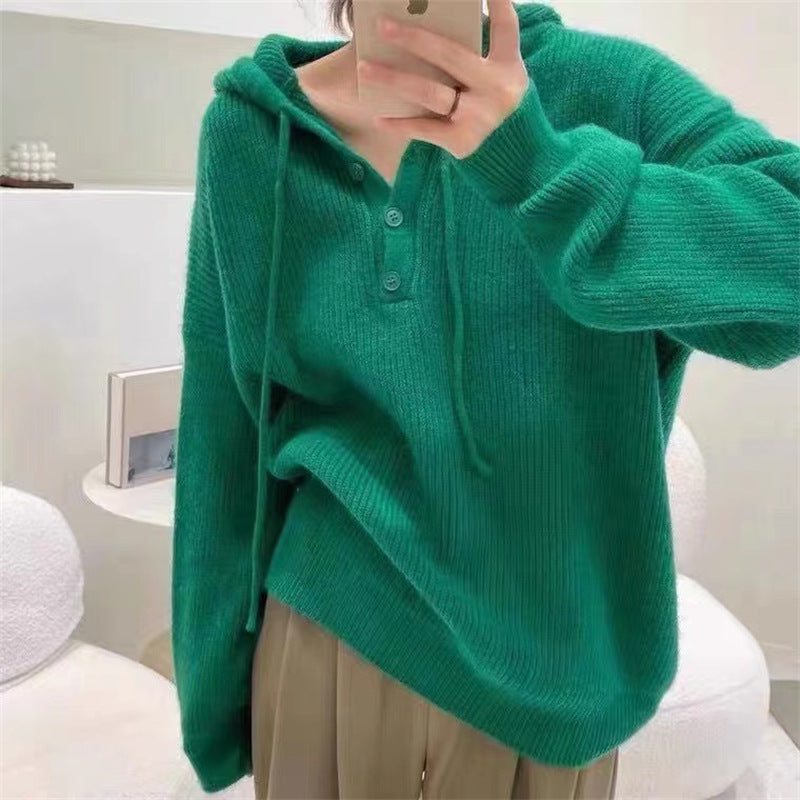 Dame Ribstrikket Sweater Med Hætte Og Knaplukning I Halsen – Afslappet Pullover Til Efterår, Vinter, Hverdagsbrug Og Fritid