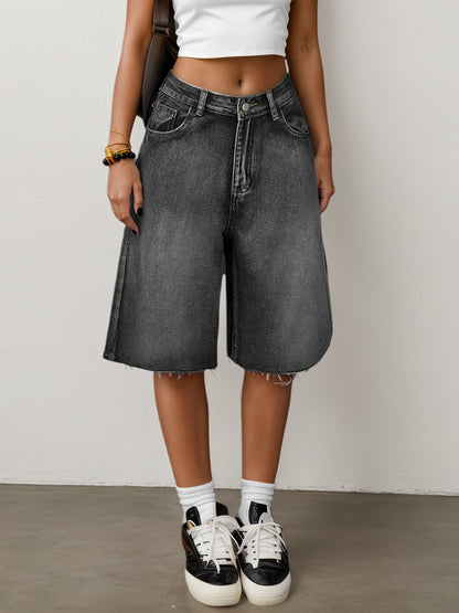 Dame Denimshorts Med Høj Talje Og Brede Ben – Afslappede Knælange Jorts Til Sommer, Ferie, Hverdagsbrug Og Casual Outfits