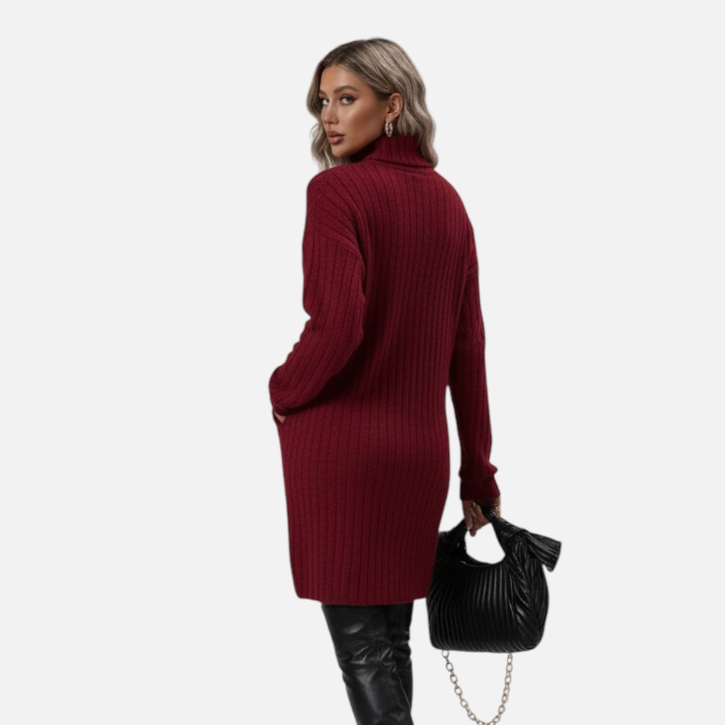 Women's Knitted Dress with High Neck and Textured Knit – Elegant Dress for Autumn, Winter, the Office, and Everyday Wear