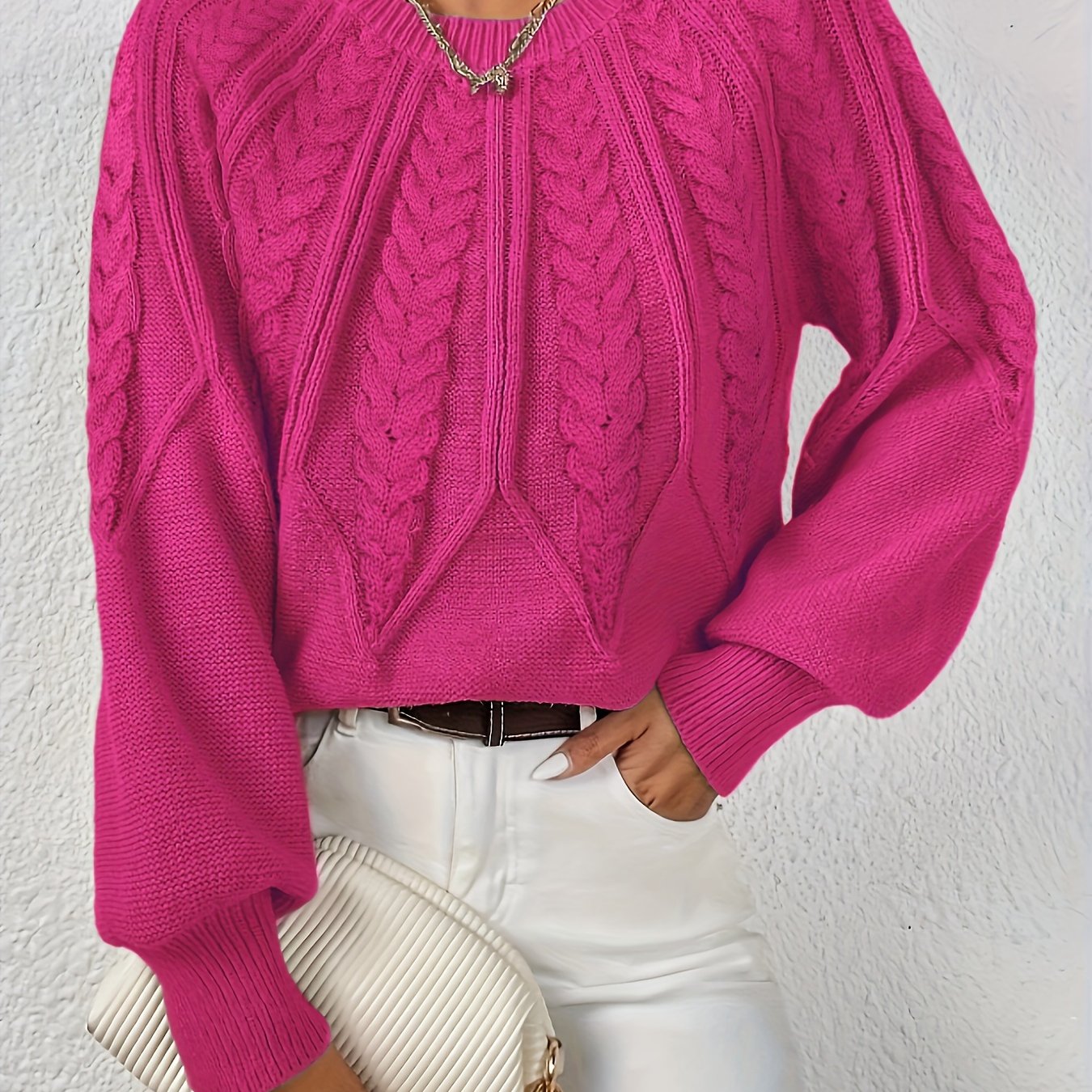Dame Kabelstrikket Sweater Med Lanterneærmer Og Rund Hals