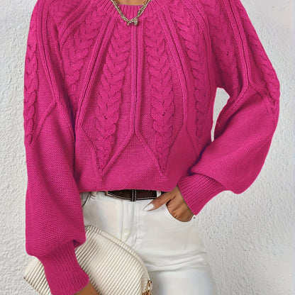 Dame Kabelstrikket Sweater Med Lanterneærmer Og Rund Hals