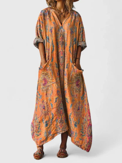 Dame Boho Oversized Maxikjole – Printet V-Hals Stil med Påsyede Lommer