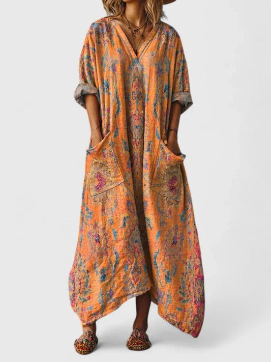 Dame Boho Oversized Maxikjole – Printet V-Hals Stil med Påsyede Lommer