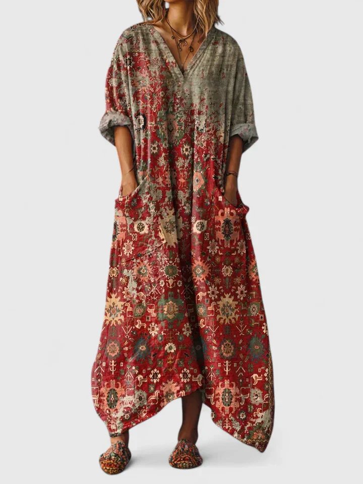 Dame Boho Oversized Maxikjole – Printet V-Hals Stil med Påsyede Lommer