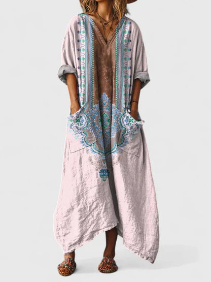 Dame Boho Oversized Maxikjole – Printet V-Hals Stil med Påsyede Lommer
