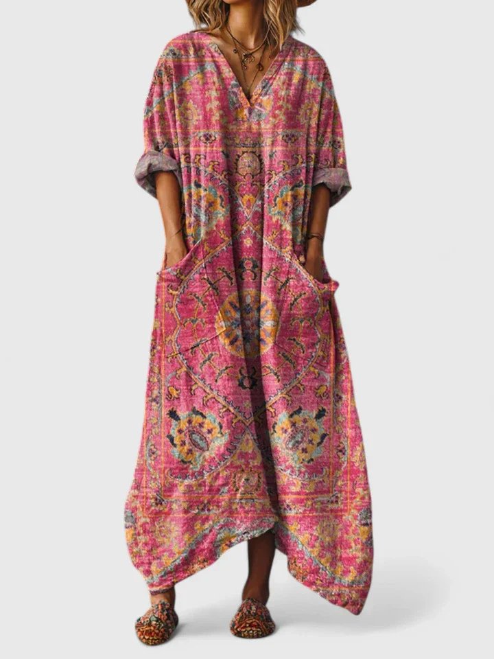 Dame Boho Oversized Maxikjole – Printet V-Hals Stil med Påsyede Lommer
