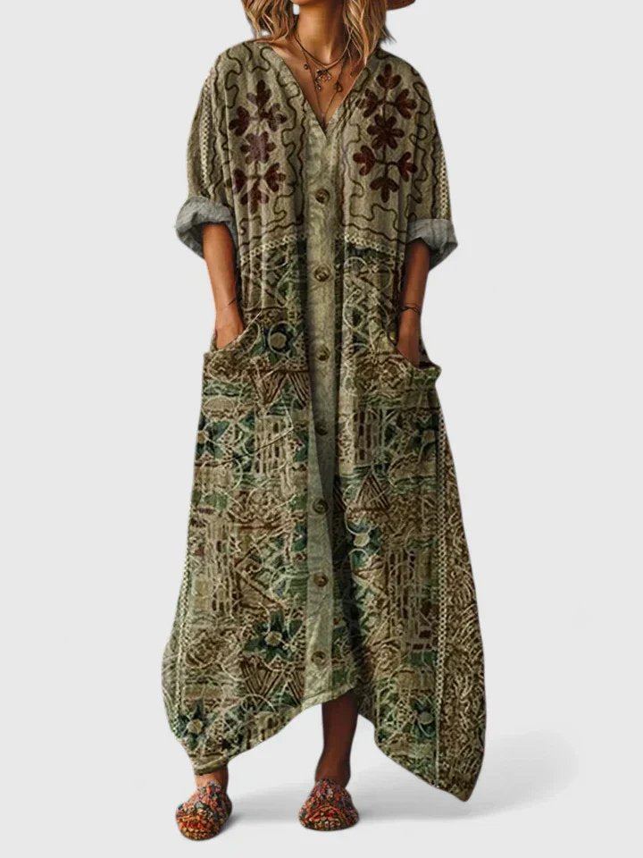 Dame Boho Oversized Maxikjole – Printet V-Hals Stil med Påsyede Lommer