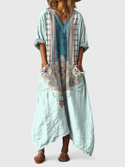 Dame Boho Oversized Maxikjole – Printet V-Hals Stil med Påsyede Lommer