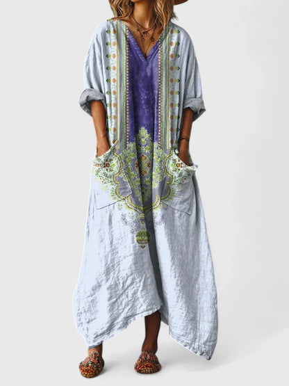 Dame Boho Oversized Maxikjole – Printet V-Hals Stil med Påsyede Lommer
