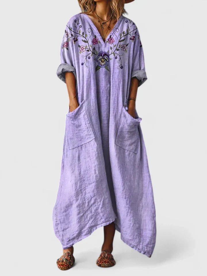 Dame Boho Oversized Maxikjole – Printet V-Hals Stil med Påsyede Lommer