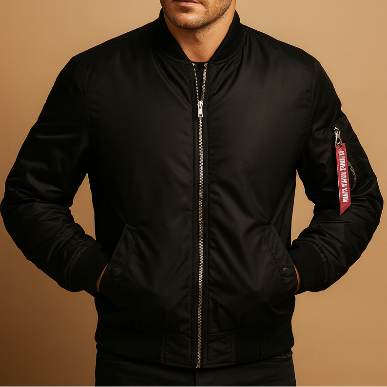 Men's lightweight bomber jacket with a zip closure - Breathable, weather-resistant design with a practical sleeve pocket and ribbed trims for travel and casual everyday wear in the city