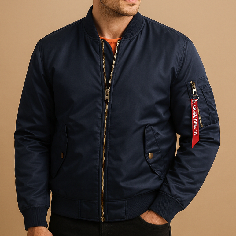 Men's lightweight bomber jacket with a zip closure - Breathable, weather-resistant design with a practical sleeve pocket and ribbed trims for travel and casual everyday wear in the city