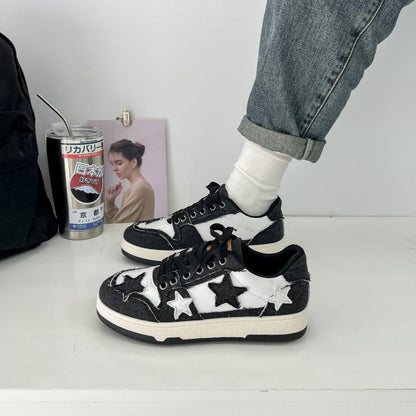 Dámské retro džínové tenisky s motivem hvězdy – patchworkový design, šněrování a pohodlná protiskluzová podrážka pro streetwear i festivaly