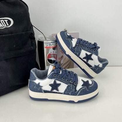 Dámské retro džínové tenisky s motivem hvězdy – patchworkový design, šněrování a pohodlná protiskluzová podrážka pro streetwear i festivaly