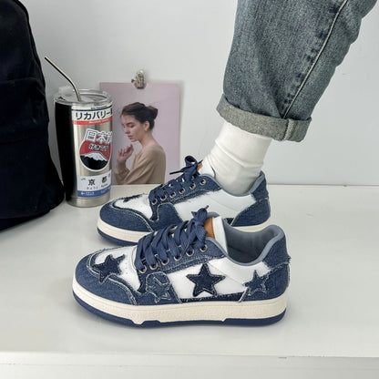 Dámské retro džínové tenisky s motivem hvězdy – patchworkový design, šněrování a pohodlná protiskluzová podrážka pro streetwear i festivaly