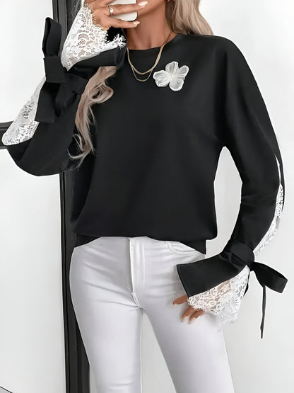 Women's Sweatshirt with Lace Panels and Bow Details at the Cuffs – Feminine Long-Sleeve Top for Fall, Winter, and Everyday Wear