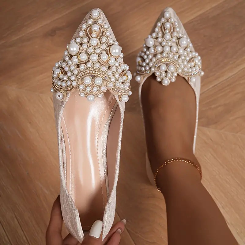 Zapatos planos de novia para mujer con perlas y punta afilada – Elegantes zapatos de boda con detalles decorativos de perlas para bodas y ocasiones festivas