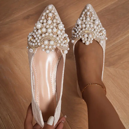 Zapatos planos de novia para mujer con perlas y punta afilada – Elegantes zapatos de boda con detalles decorativos de perlas para bodas y ocasiones festivas
