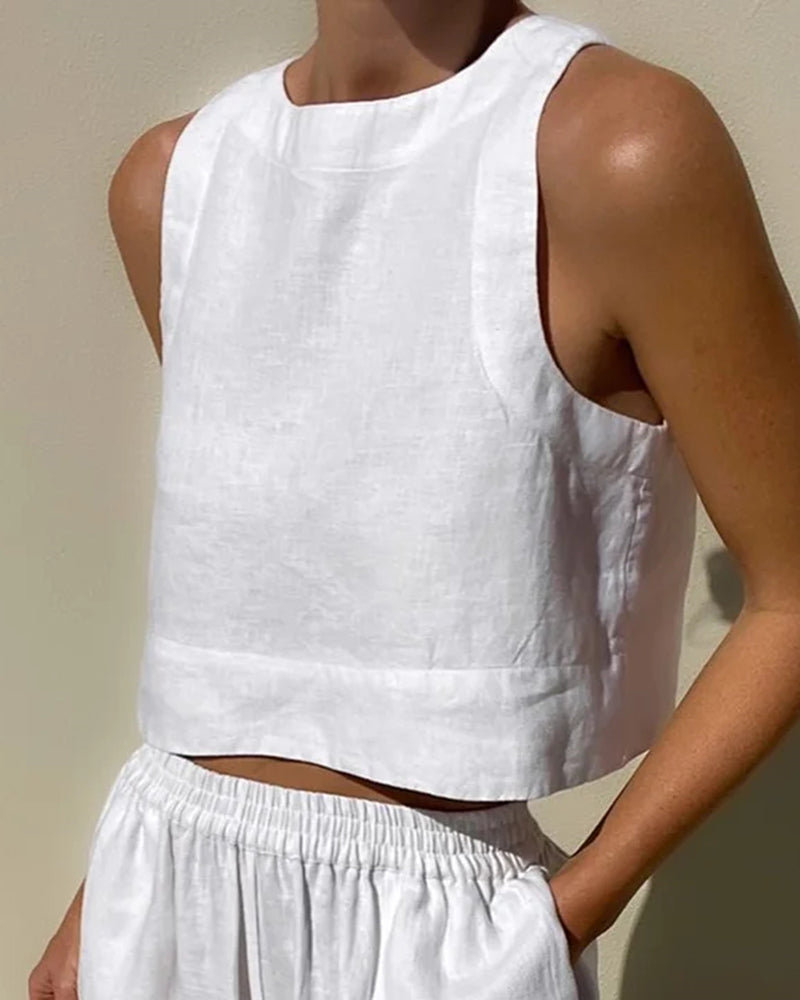 Women's 2-piece cotton and linen set with a sleeveless crop top – wide-leg trousers for summer, vacations, and casual everyday looks