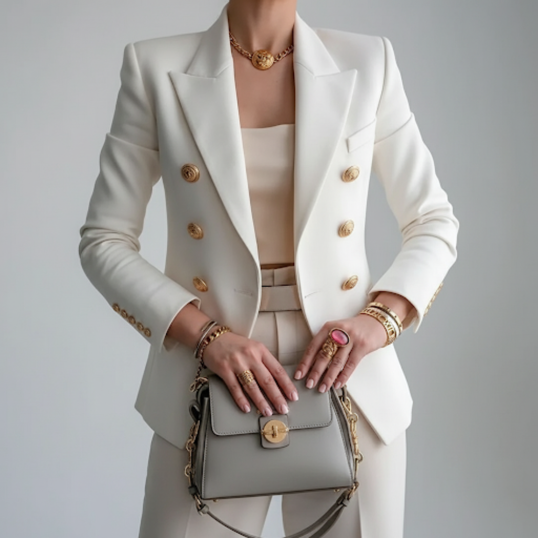 Sacou de damă, cu croială cambrată, închidere dublă și rever ascuțit - jachetă elegantă cu nasturi aurii pentru birou, stil smart casual și ținute de seară