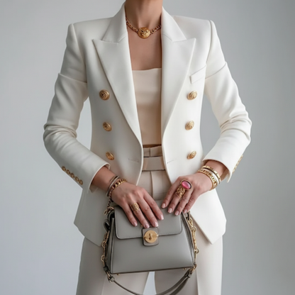 Sacou de damă, cu croială cambrată, închidere dublă și rever ascuțit - jachetă elegantă cu nasturi aurii pentru birou, stil smart casual și ținute de seară