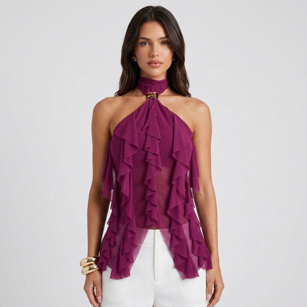 Dame Chiffon Top Med Flæsedetaljer Og Halterneck – Elegant Statement-top Til Fest, Aftenbrug Og Særlige Anledninger