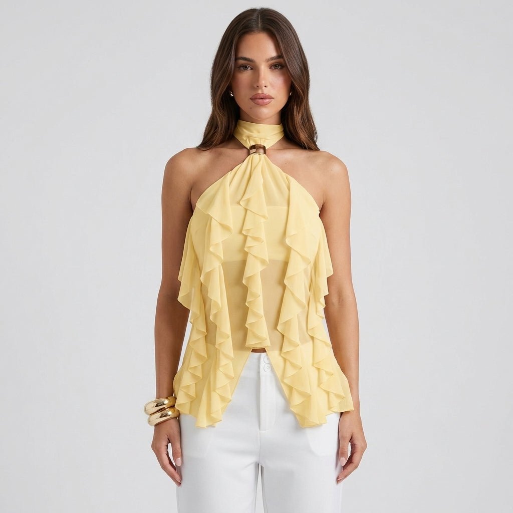 Dame Chiffon Top Med Flæsedetaljer Og Halterneck – Elegant Statement-top Til Fest, Aftenbrug Og Særlige Anledninger