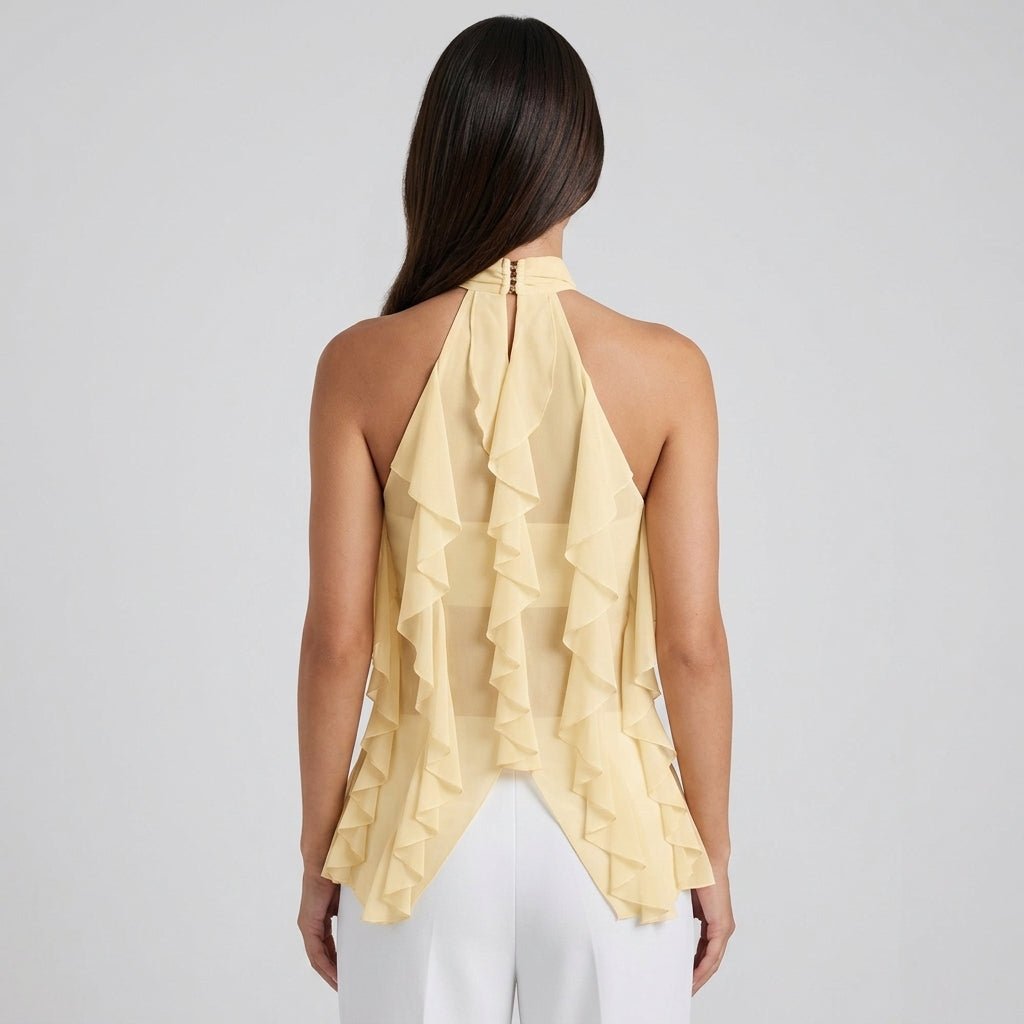 Dame Chiffon Top Med Flæsedetaljer Og Halterneck – Elegant Statement-top Til Fest, Aftenbrug Og Særlige Anledninger