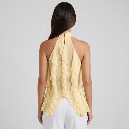 Dame Chiffon Top Med Flæsedetaljer Og Halterneck – Elegant Statement-top Til Fest, Aftenbrug Og Særlige Anledninger