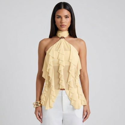 Dame Chiffon Top Med Flæsedetaljer Og Halterneck – Elegant Statement-top Til Fest, Aftenbrug Og Særlige Anledninger