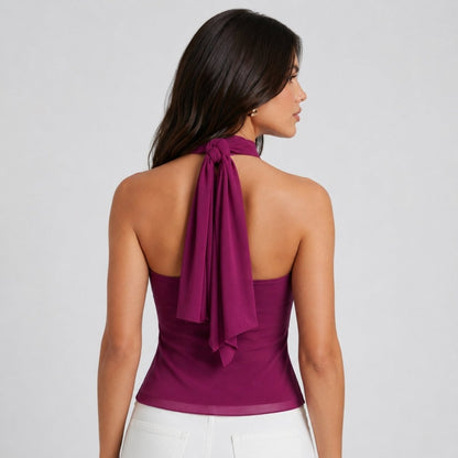 Dame Chiffon Top Med Flæsedetaljer Og Halterneck – Elegant Statement-top Til Fest, Aftenbrug Og Særlige Anledninger