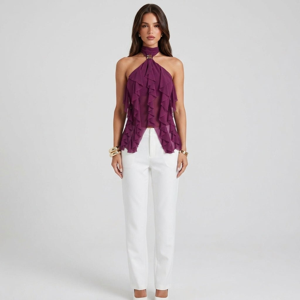 Dame Chiffon Top Med Flæsedetaljer Og Halterneck – Elegant Statement-top Til Fest, Aftenbrug Og Særlige Anledninger
