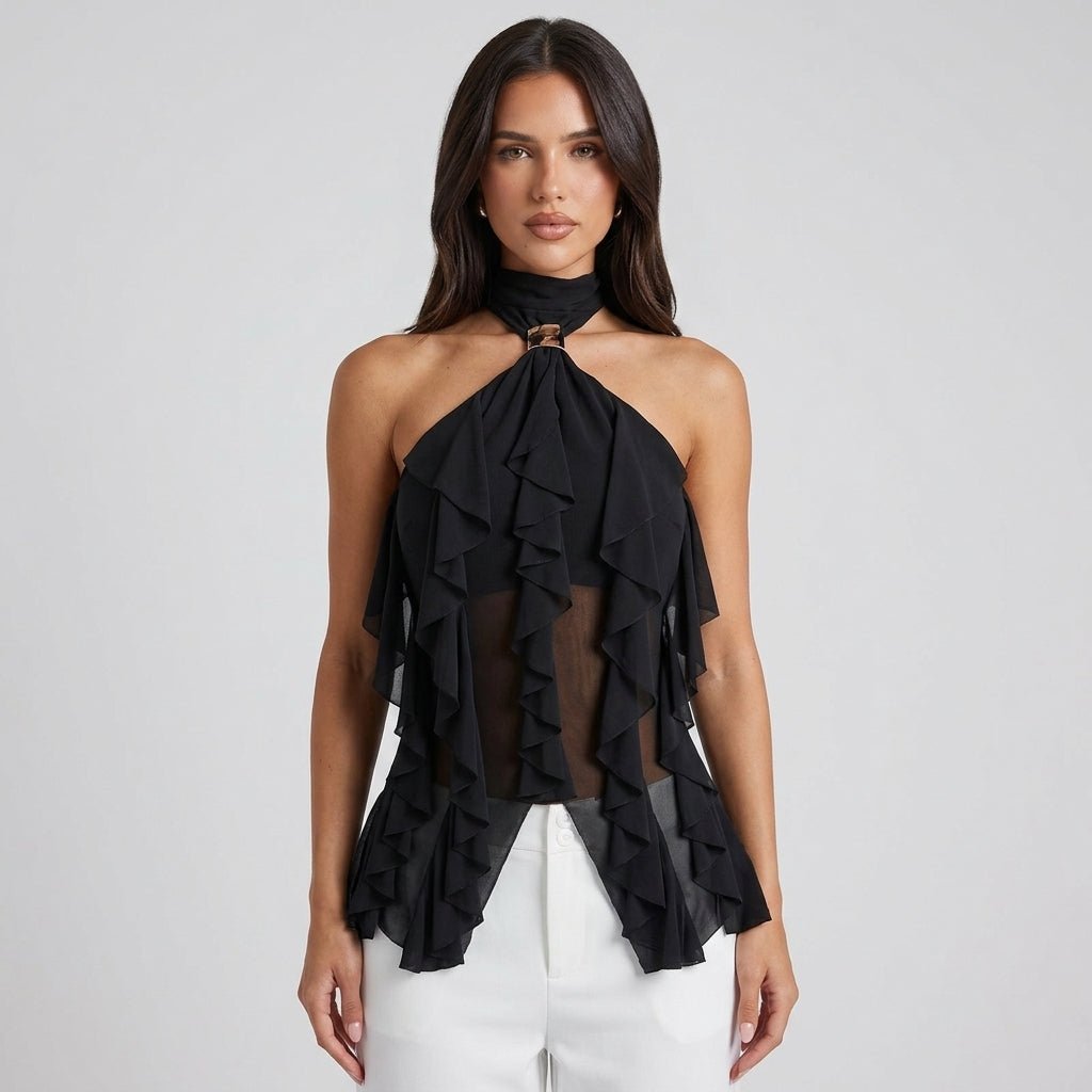 Dame Chiffon Top Med Flæsedetaljer Og Halterneck – Elegant Statement-top Til Fest, Aftenbrug Og Særlige Anledninger